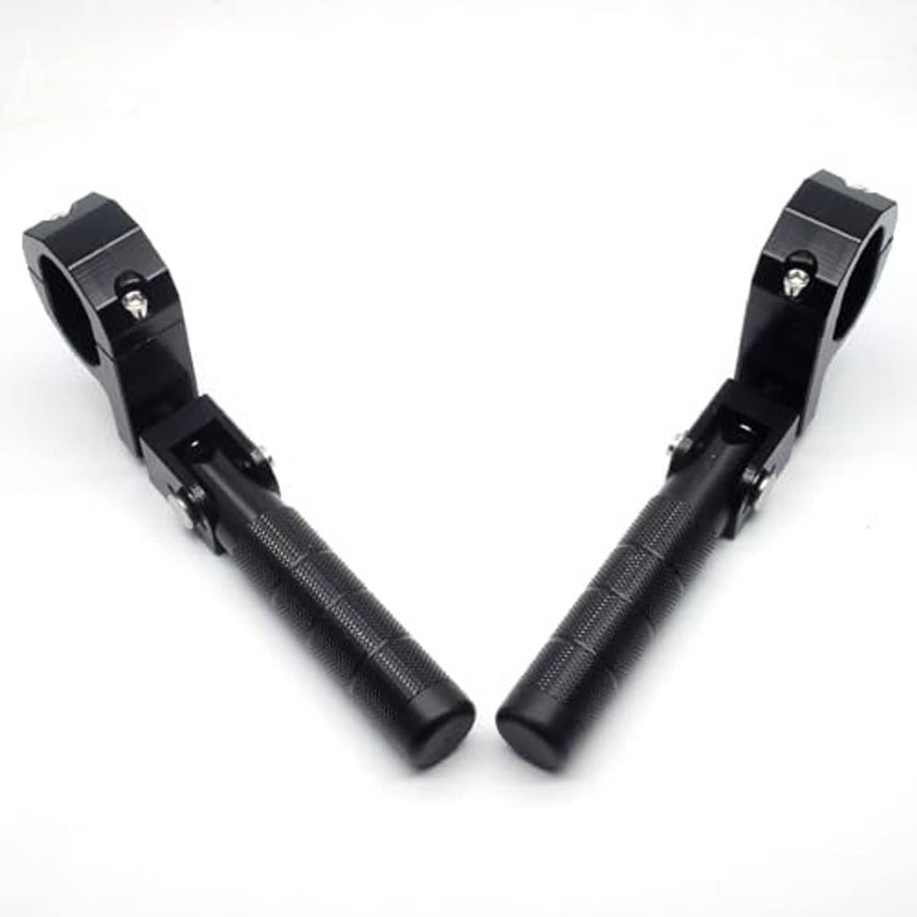 Motorcycle passenger folding footrest arms, black textured bars with end mounts and bolts.