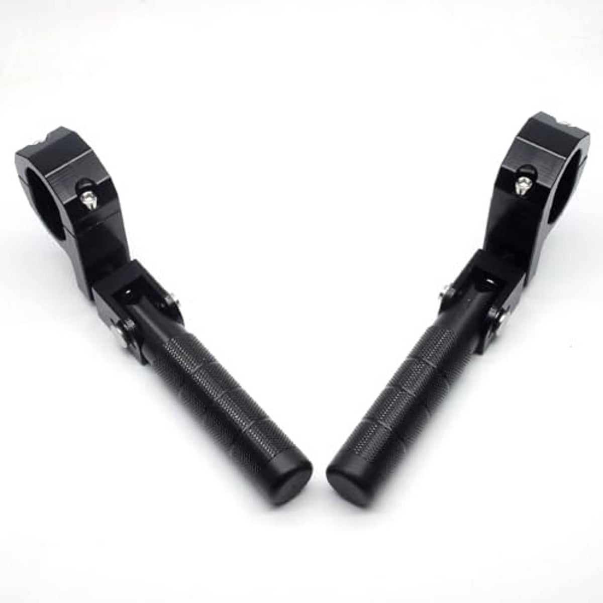Motorcycle passenger folding footrest arms, black textured bars with end mounts and bolts.