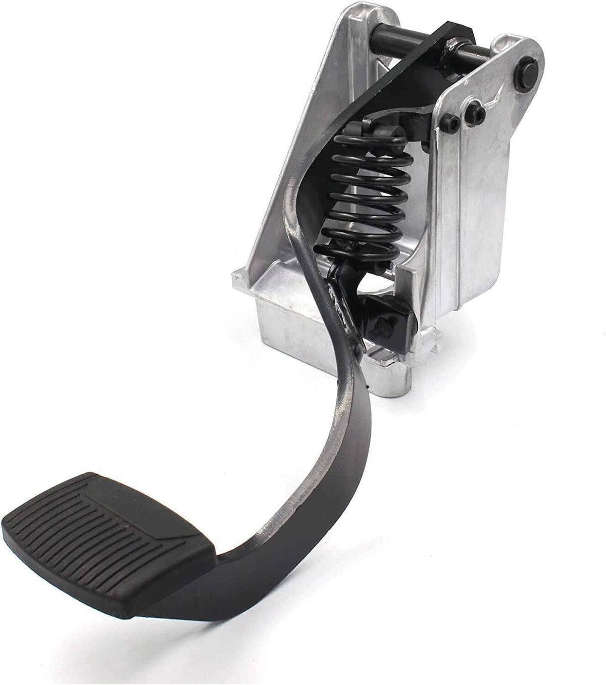 Clutch pedal assembly with black rubber foot pad and exposed return spring