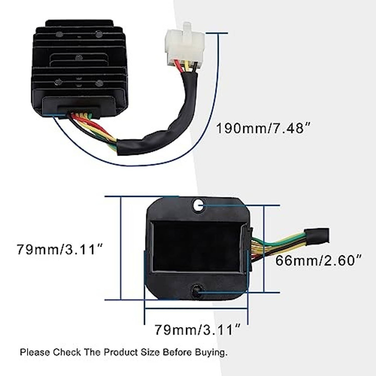 Voltage regulator rectifier with white 6-pin connector, wiring, and size measurement lines