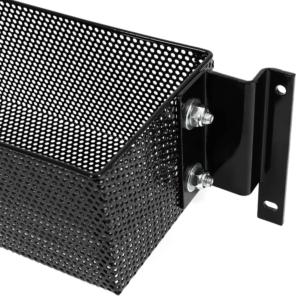Black mesh storage tray end bracket with two fasteners and perforated panel