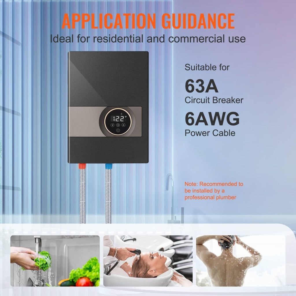 Electric tankless water heater for shower use, with LED temperature display and connections