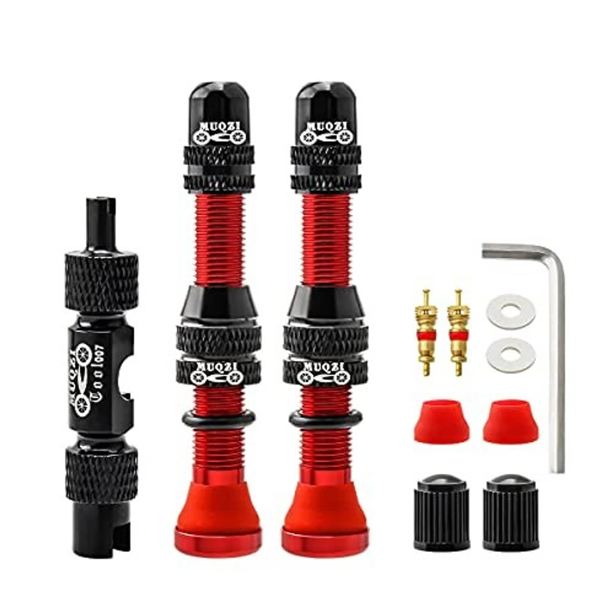 Tubeless Schrader valve stems kit, two red stems with black caps and brass core tools