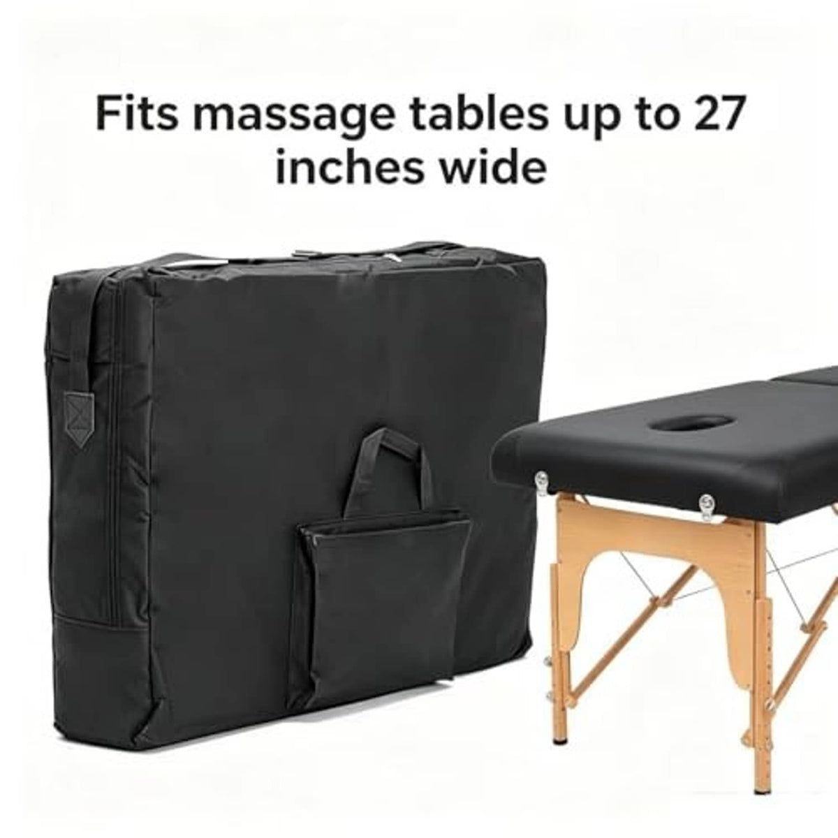 Black nylon massage table storage bag with front pocket next to a folded table