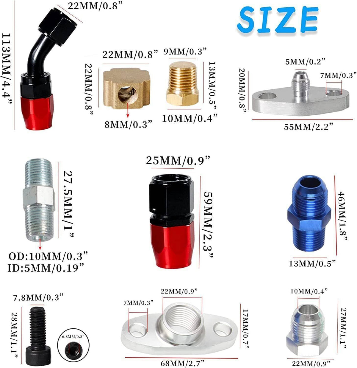 Oil line fitting kit size chart showing measurements for adapters and hose fittings