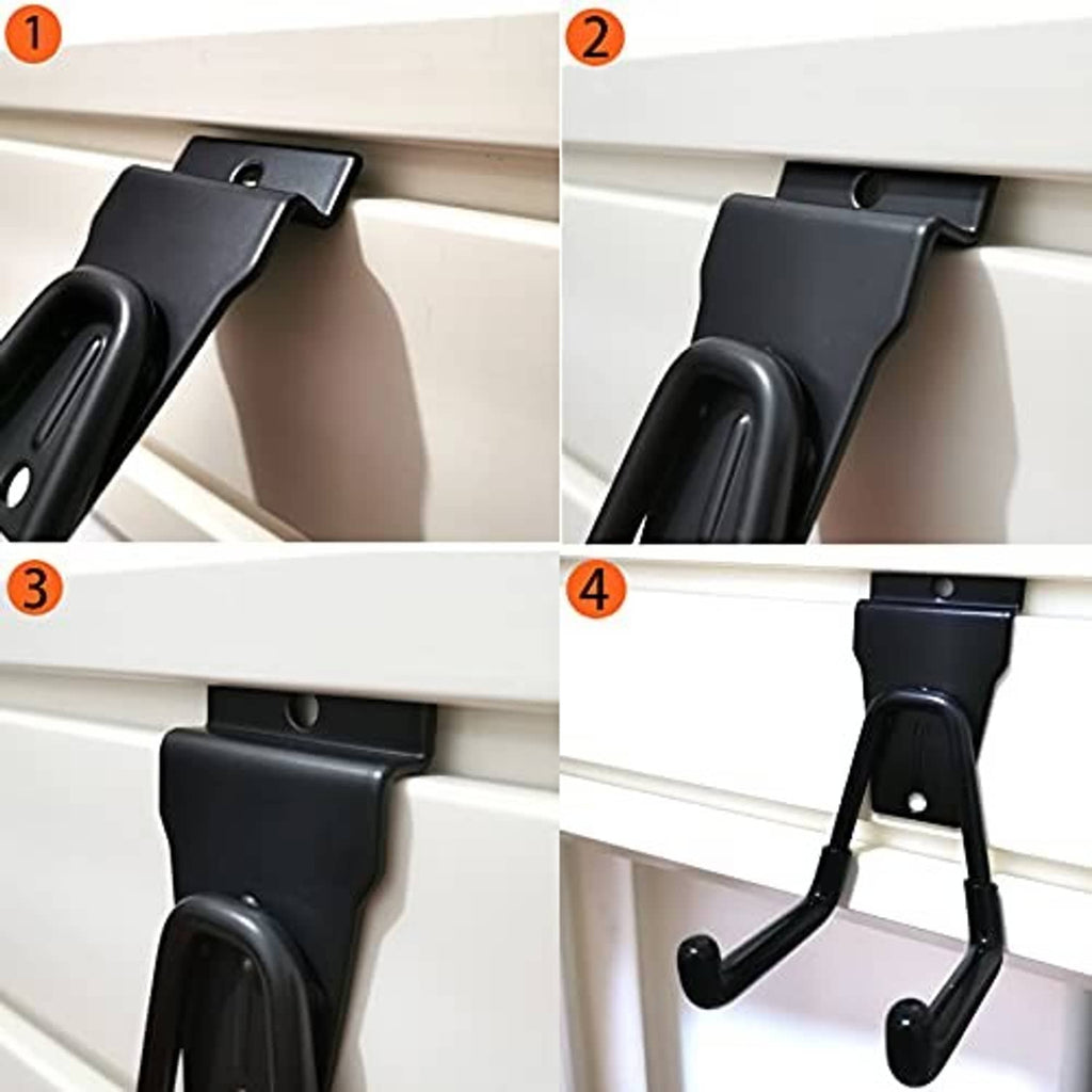 Black small U hook mounted on slatwall for secure double prong hanging