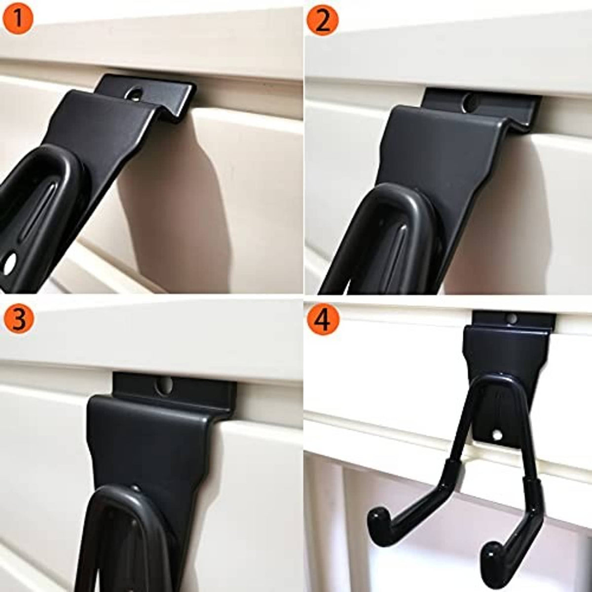 Black small U hook mounted on slatwall for secure double prong hanging