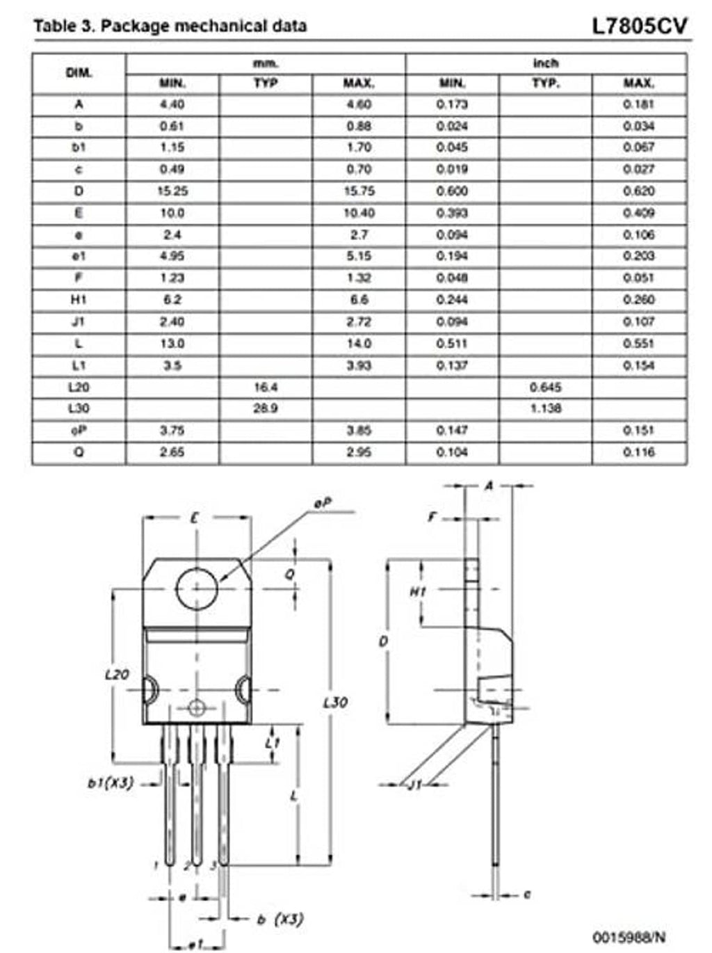 Package mechanical data drawing for L7805CV with dimension lines and pin layout