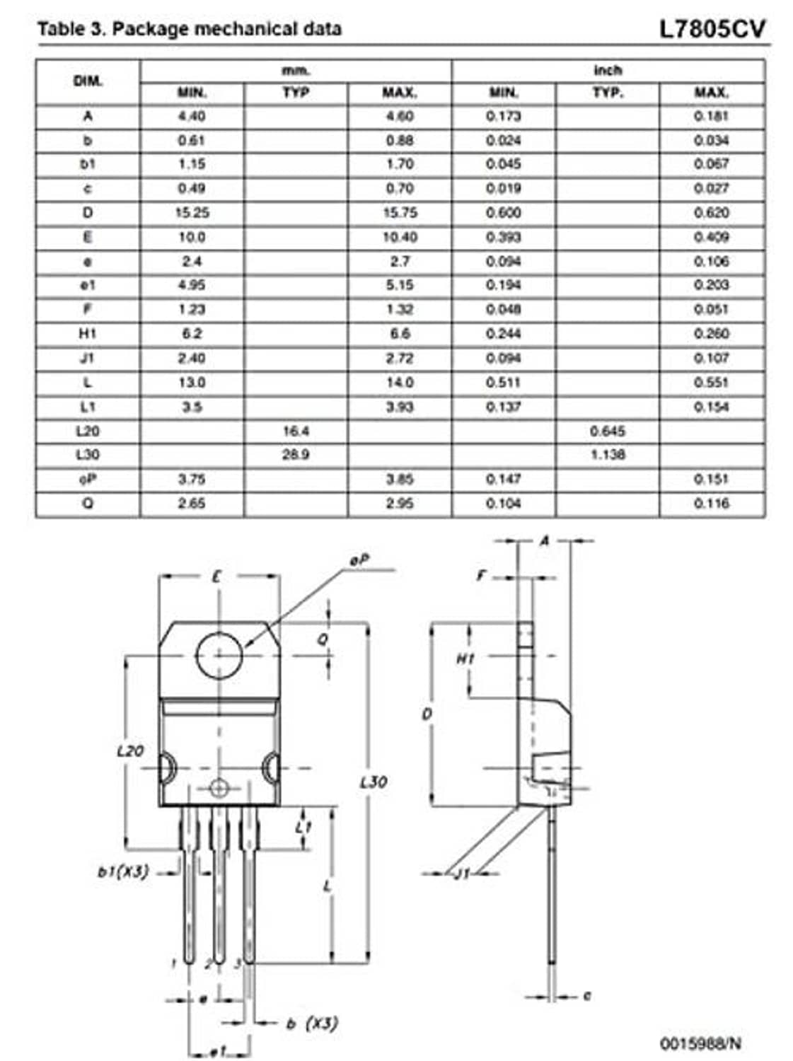 Package mechanical data drawing for L7805CV with dimension lines and pin layout