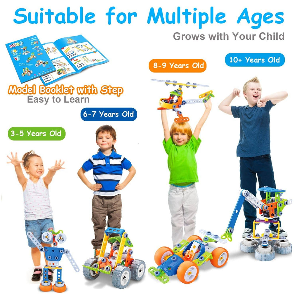 Multicolor STEM building toy set with step booklet and sample 10-in-1 models