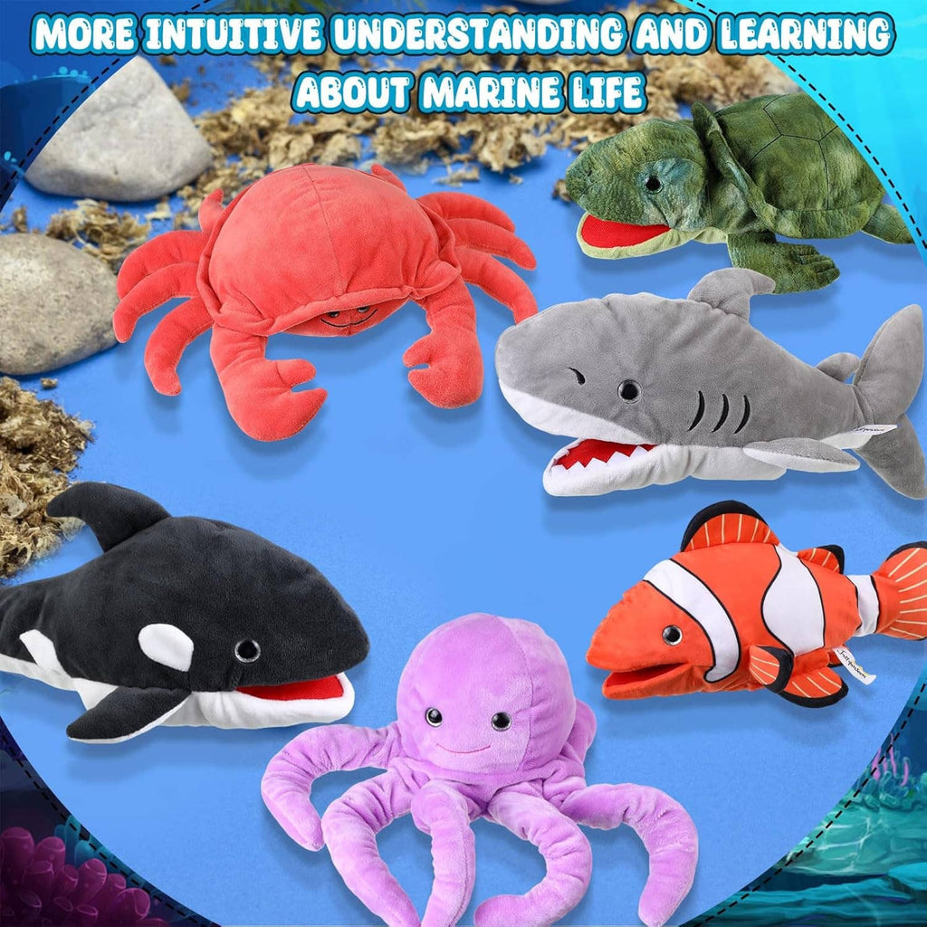 Set of 6 marine animal hand puppets: crab, shark, whale, turtle, clownfish, octopus