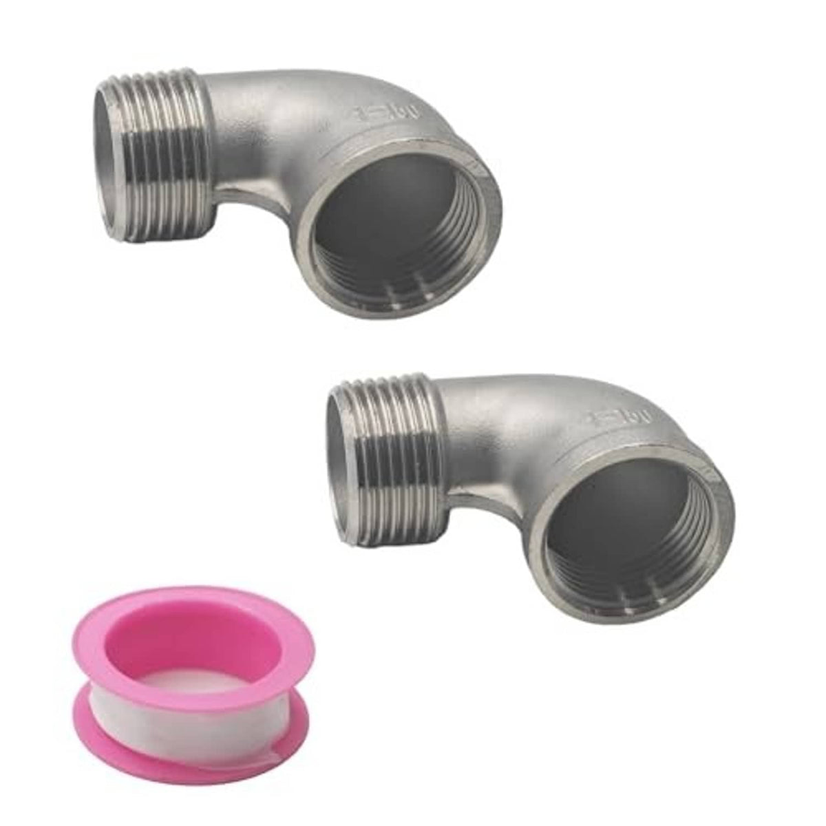 Stainless steel 90-degree NPT elbow fittings with pink sealing tape ring