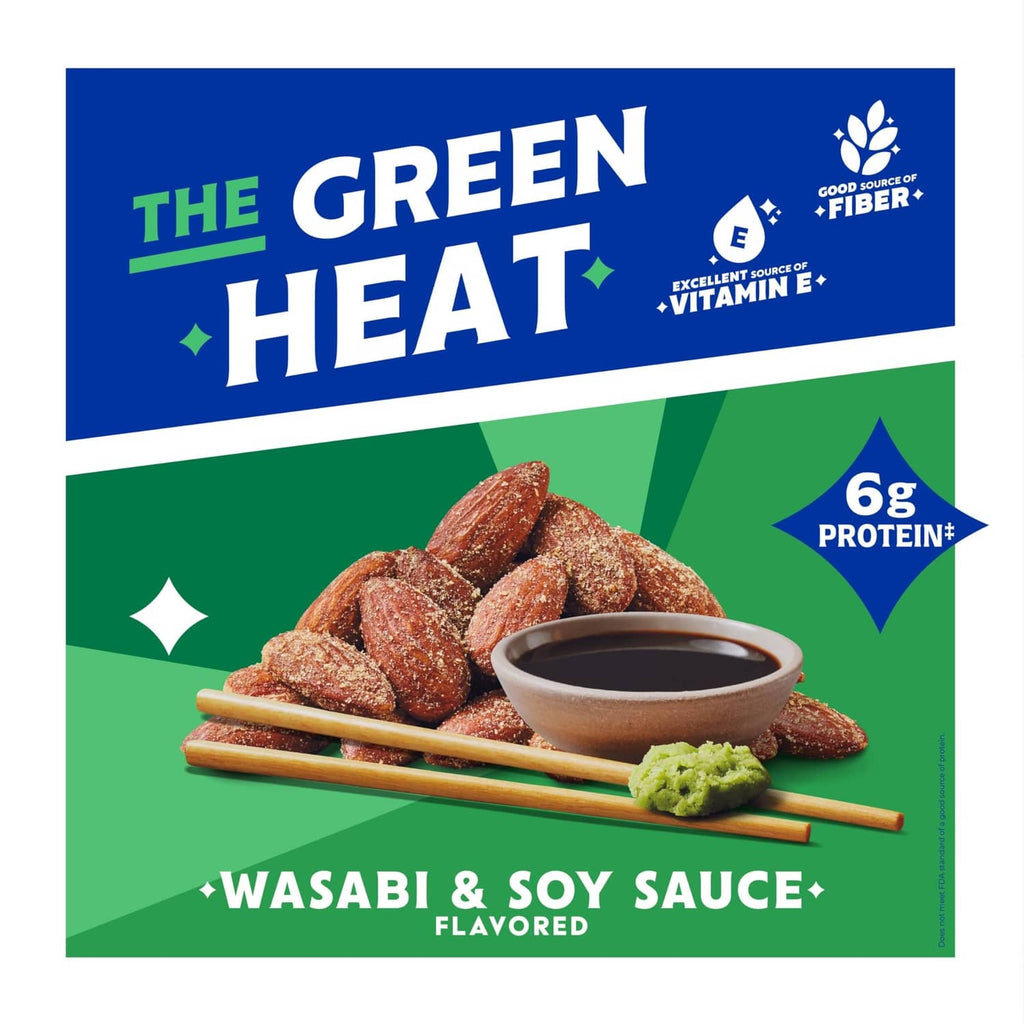 Wasabi & soy sauce flavored Blue Diamond almond snack package with dipping sauce and nuts
