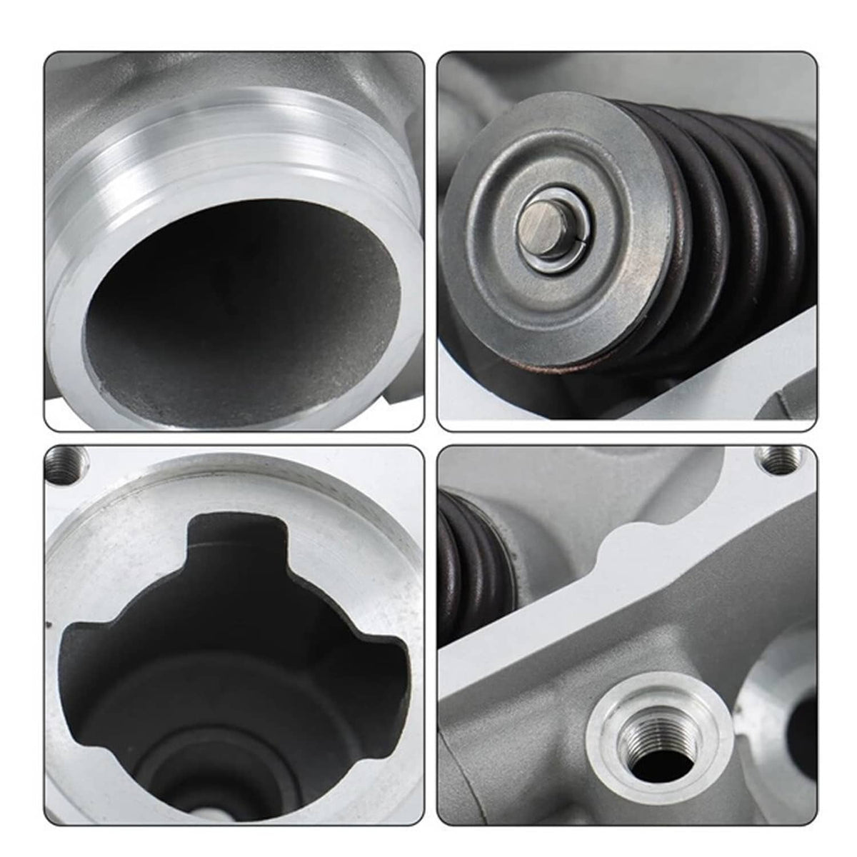 Cylinder head valve assembly detail view of combustion chamber and spring bore