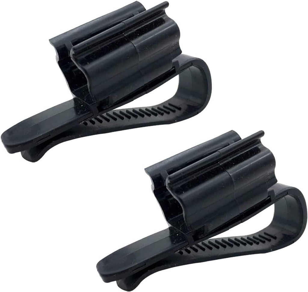 Black plastic hose mounting clips with ridged grip, two-piece set