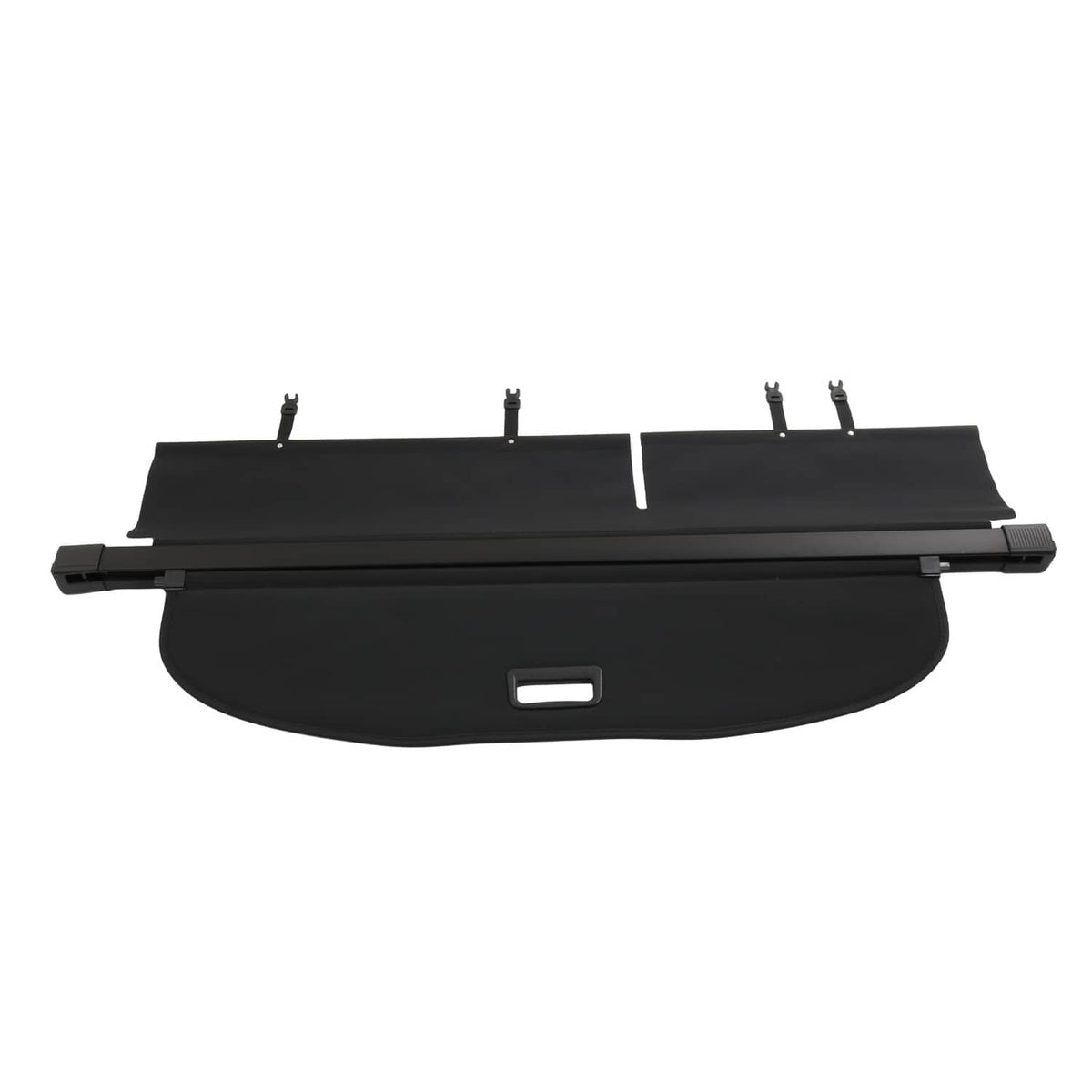 Rear trunk security shade cargo cover with black frame and gray fabric panel