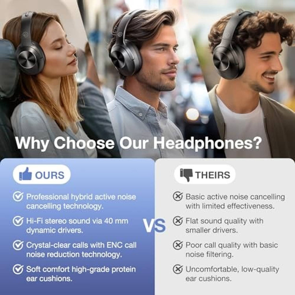 Over-ear black headphones worn on head, large cushioned earcups and headband