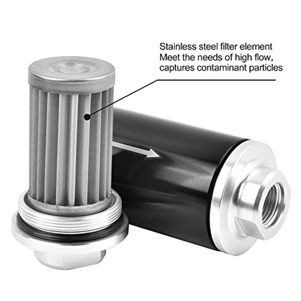 Inline fuel filter with stainless steel mesh element, black housing, and silver threaded ports