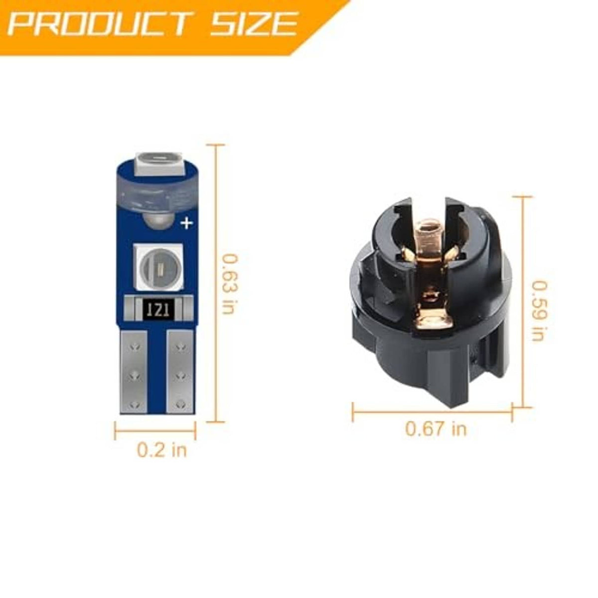 Measured T5 LED bulb base with 0.2 in and 0.67 in size indicators