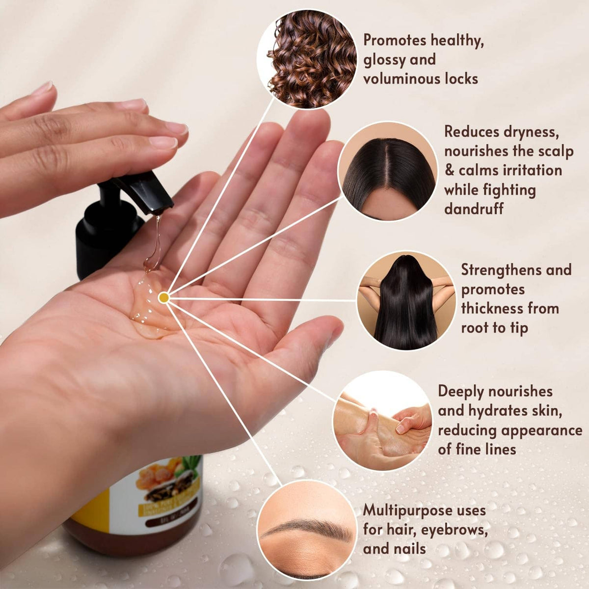 Organic castor oil with frankincense bottle with pump, hand applying oil on skin