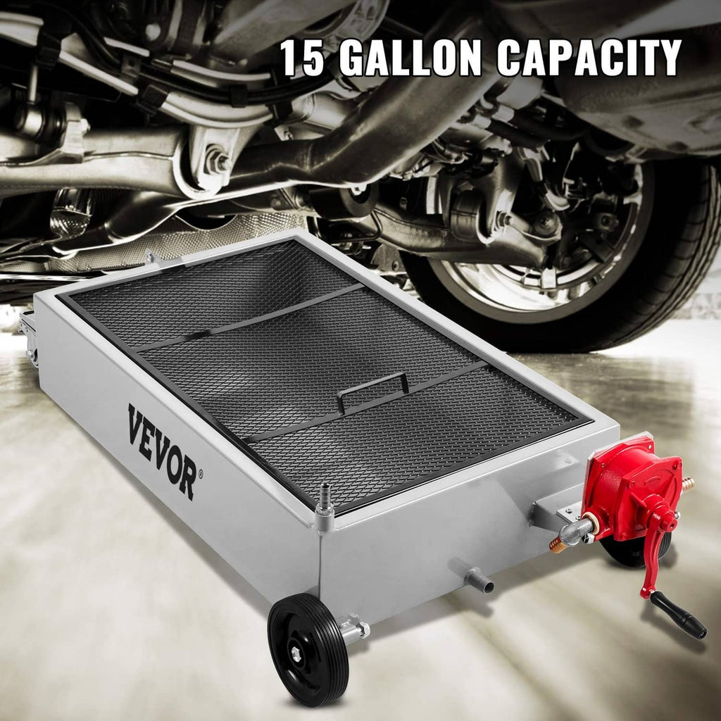 Oil drain pan cart with black mesh oil tray and red hand pump on caster wheels