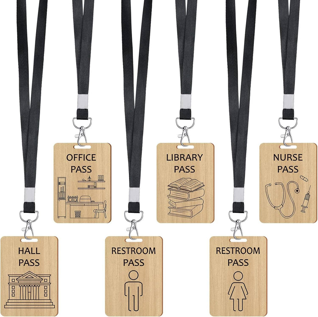 Five wooden pass cards displayed on black lanyard straps with hook clips