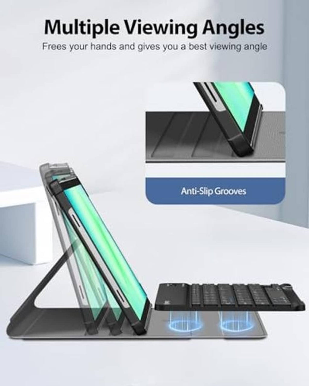Black keyboard tablet case with multi-angle viewing stand and keybed