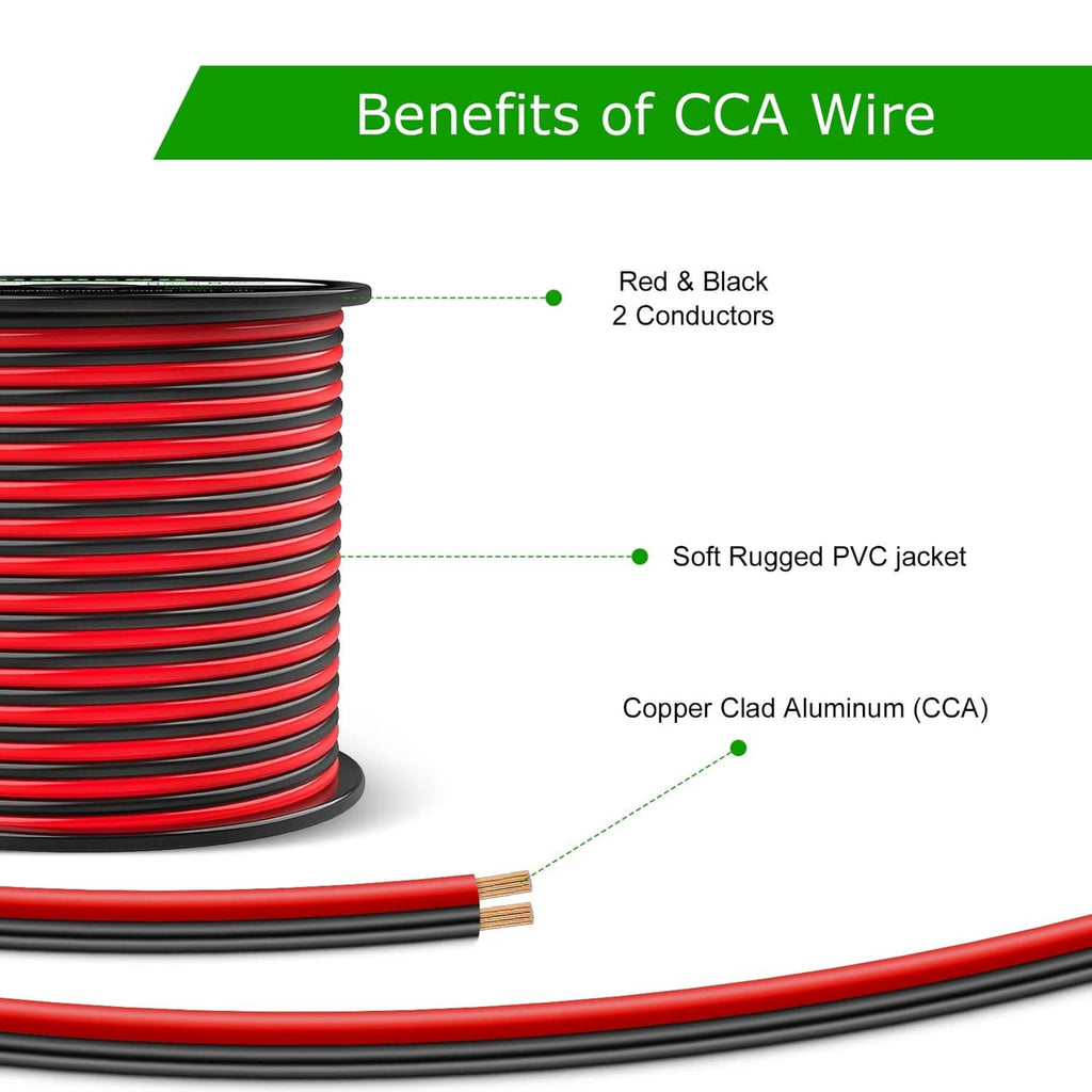 Red/black 2-conductor CCA wire with soft PVC jacket and exposed copper-clad ends