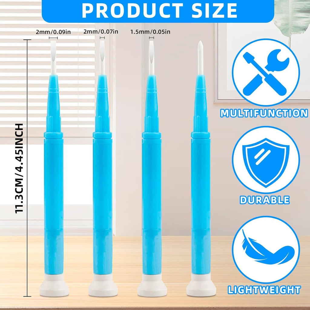 Slotted screwdriver set with blue handles and white tips, shown with size guide