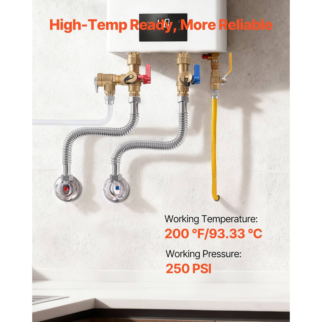 Stainless steel flex connector hoses for hot water heater plumbing with shutoff connections