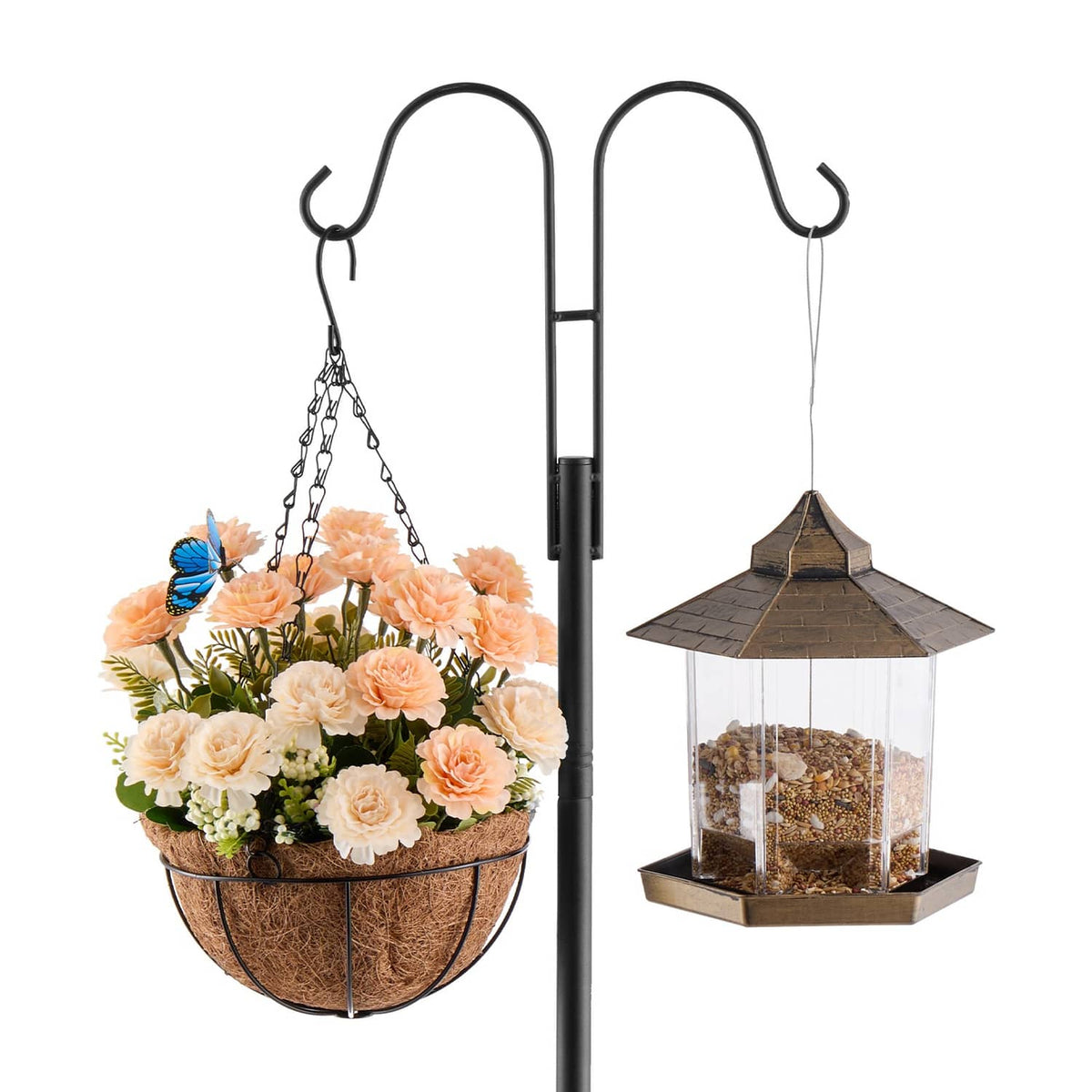 Double shepherds hook holding a lantern feeder and flower pot on a black 60-inch pole