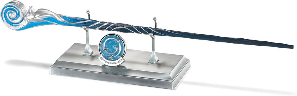 Blue-and-silver wand on silver base stand with central round blue emblem and support posts