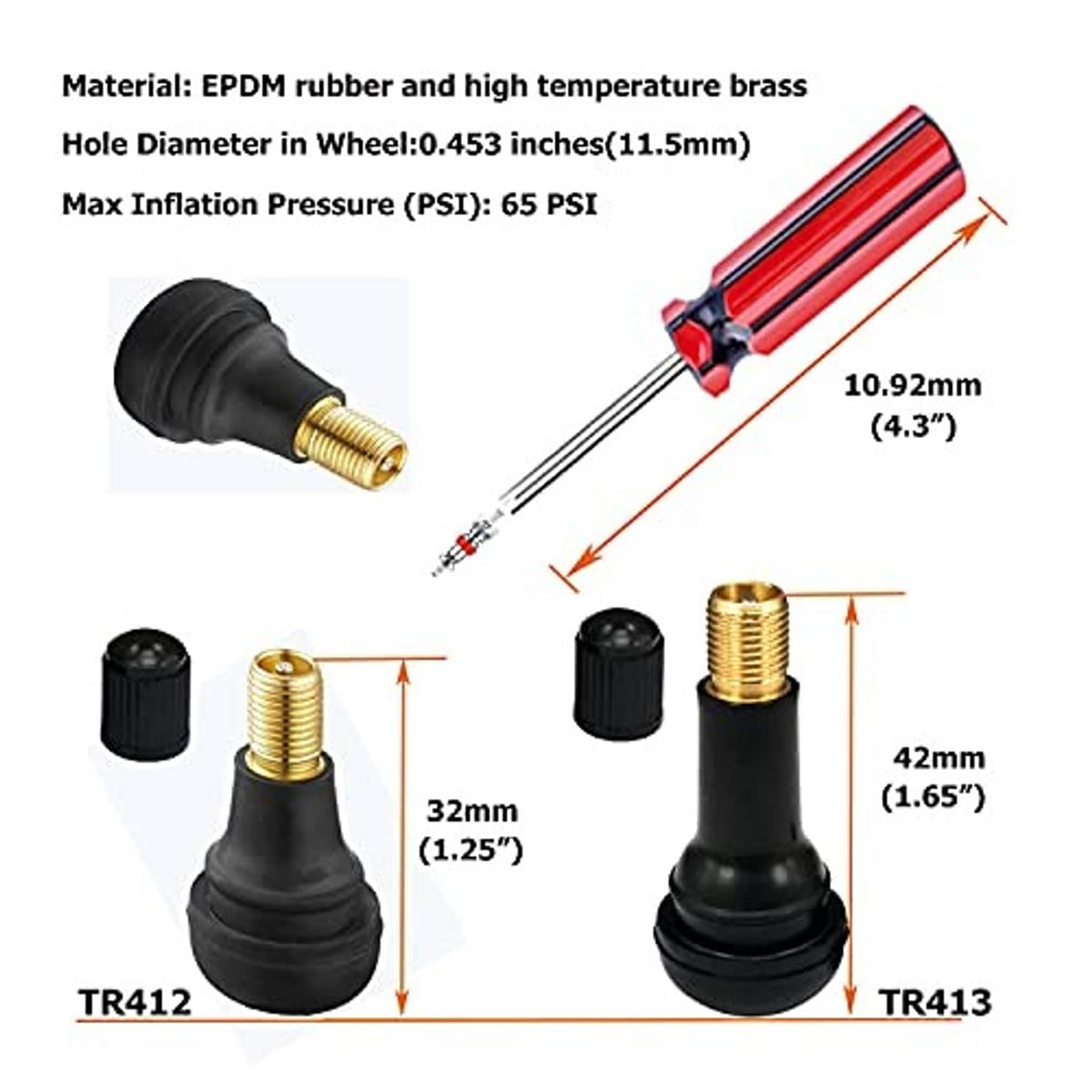 Valve stem puller with black rubber base, brass threaded tip, and red pressure clamp