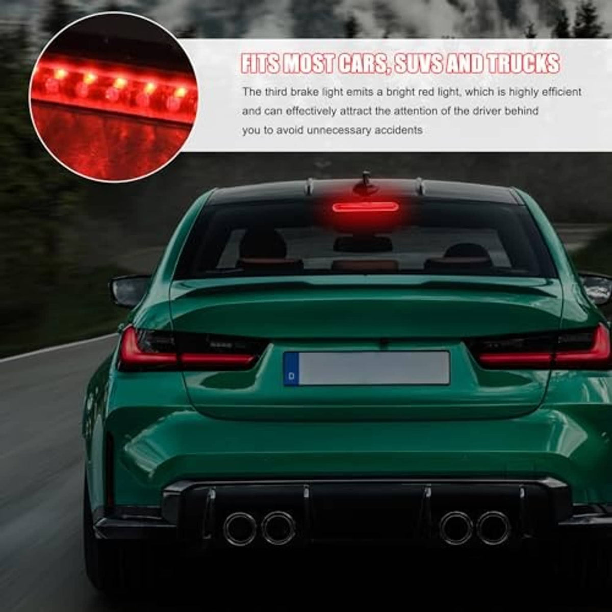 Red illuminated third brake light strip on rear of car, high-mount