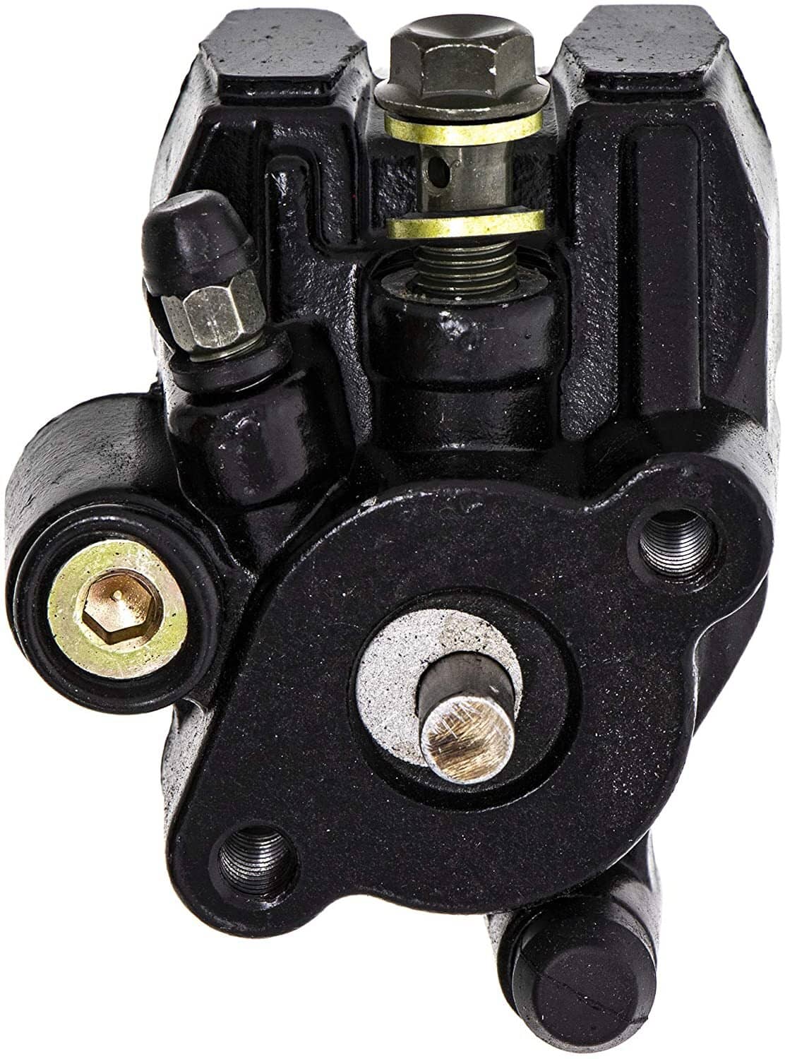 Black brake caliper close-up with mounting bolts and hydraulic fitting