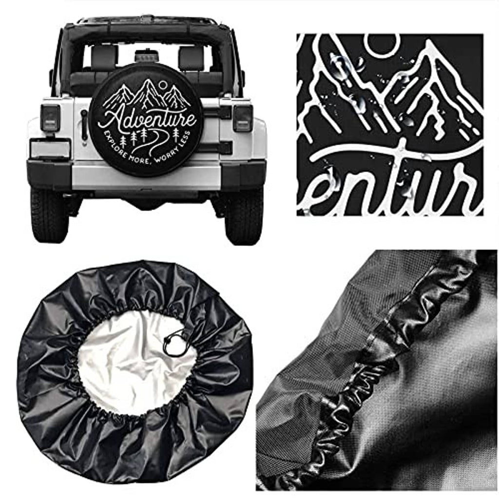 RV tire cover set with Adventure logo, fabric close-up and storage bag