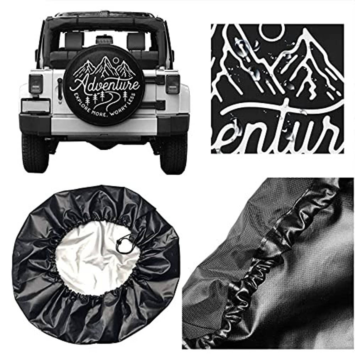 RV tire cover set with Adventure logo, fabric close-up and storage bag