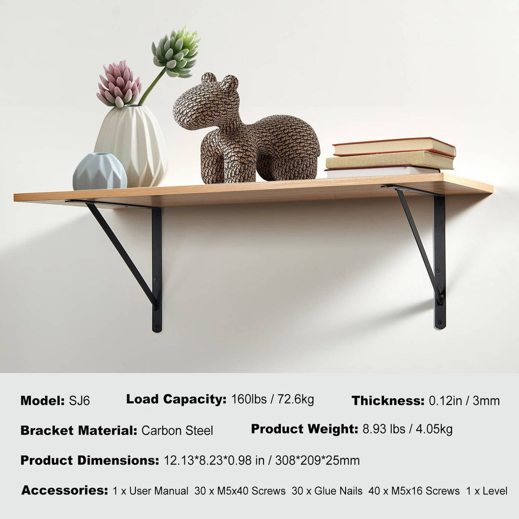 Triangular wall-mounted shelf bracket pair in black metal with long angled legs