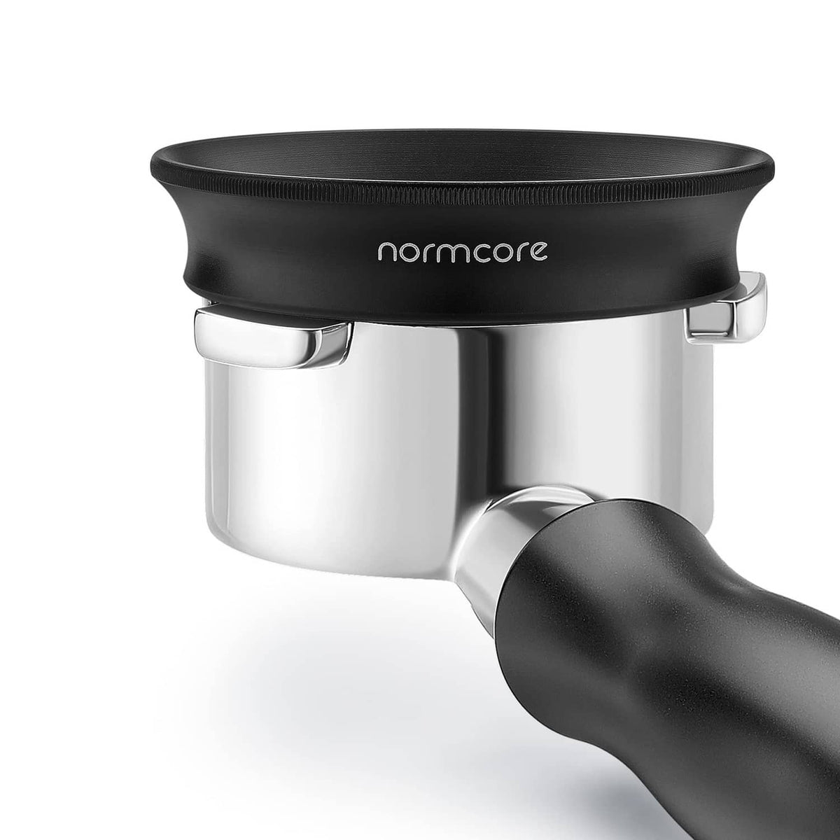 Normcore dosing funnel with black top ring and stainless steel body.