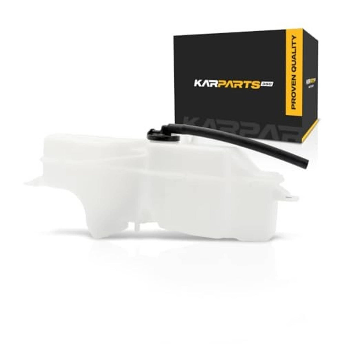 Coolant recovery tank reservoir with black hose, shown with KARPARTS packaging box.