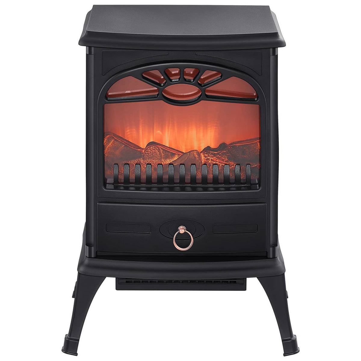 Black freestanding electric fireplace heater with arched flame window and stand legs