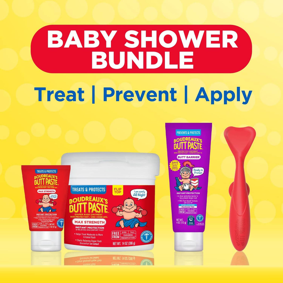 Baby Shower Bundle lineup: two tubes and a heart-shaped applicator tool
