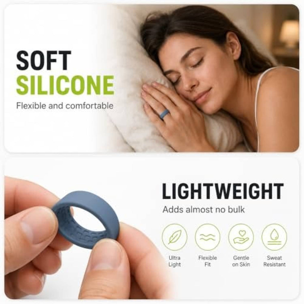 Blue silicone ring cover with small window, shown held on a finger