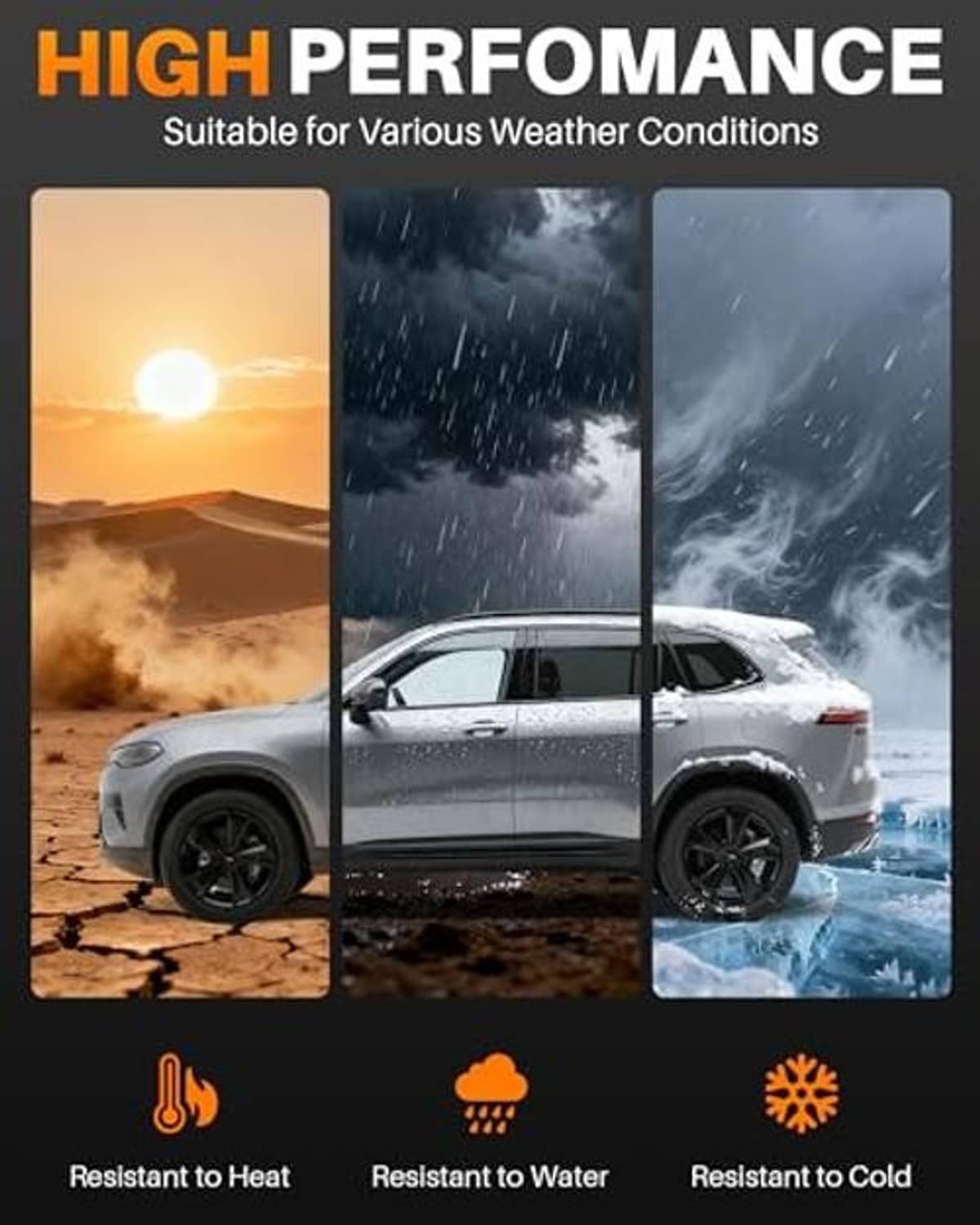 Camshaft position sensor weather-resistance infographic with car and condition icons