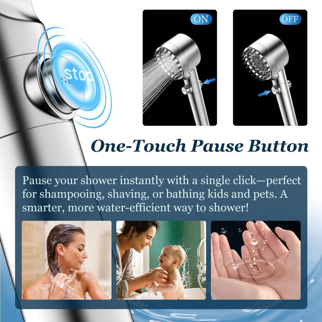 Handheld shower head with one-touch pause button and adjustable water spray