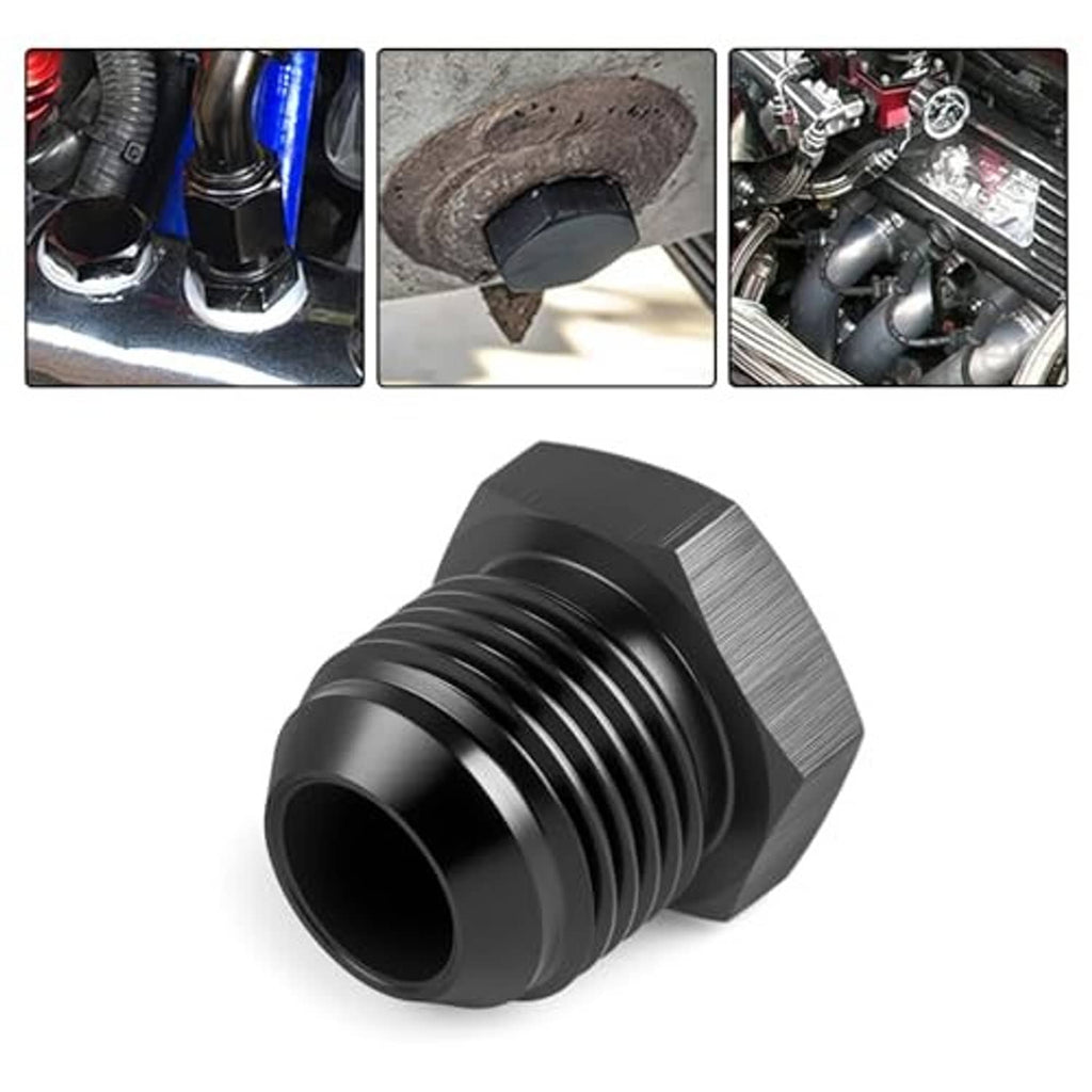 Single black hex aluminum AN flare blanking plug adapter with threaded male opening.
