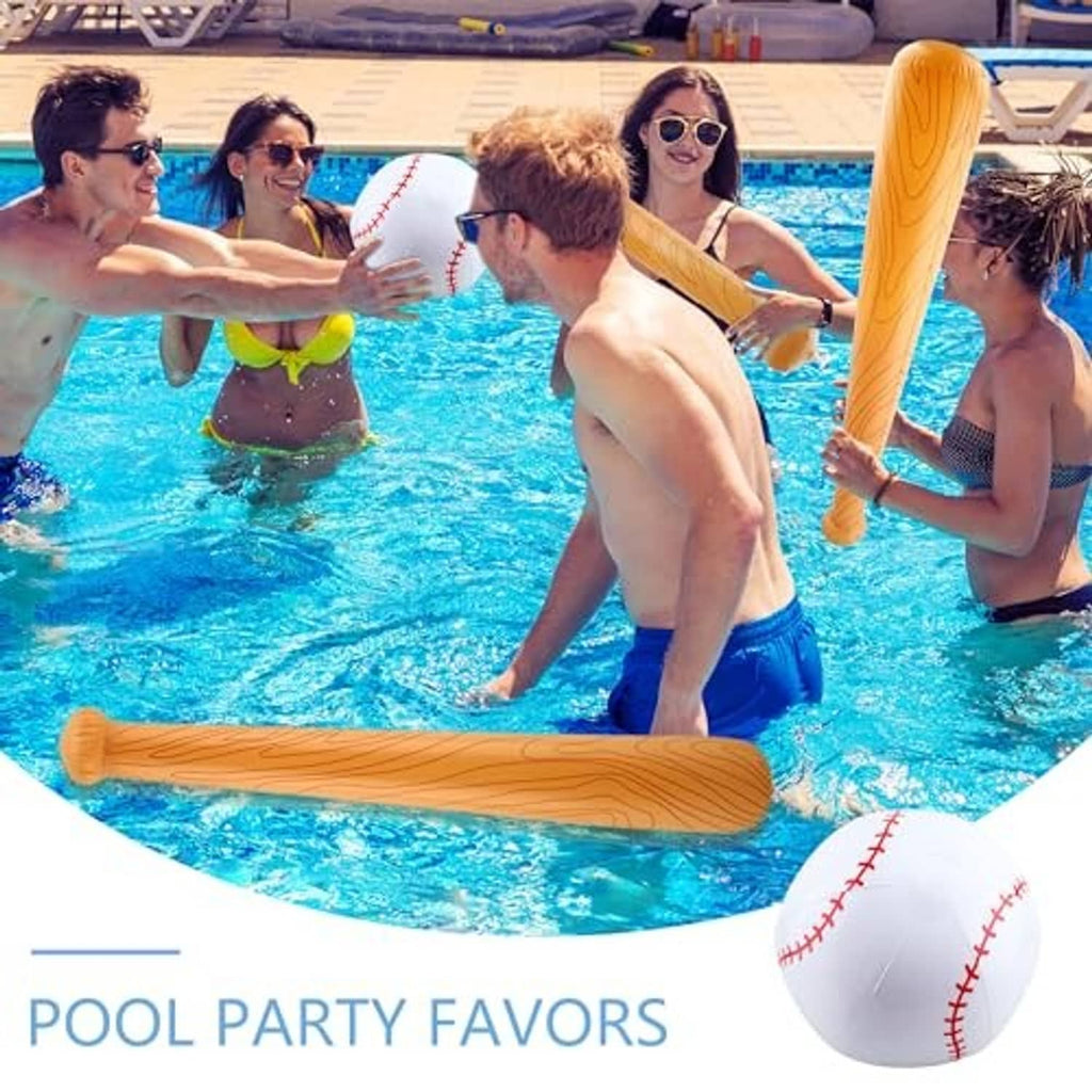 Orange inflatable baseball bat and white baseballs with red stitched seams for pool games