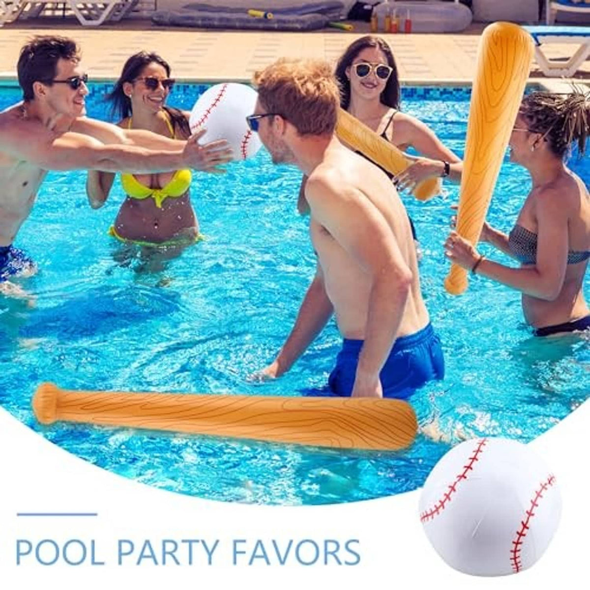Orange inflatable baseball bat and white baseballs with red stitched seams for pool games