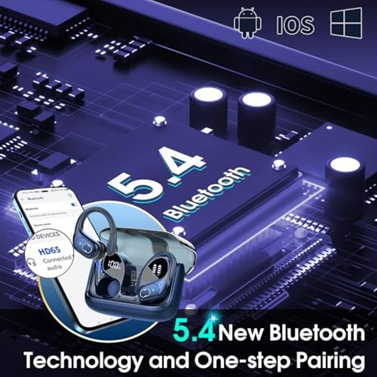 Wireless earbuds with dark blue charging case, concept view for Bluetooth pairing