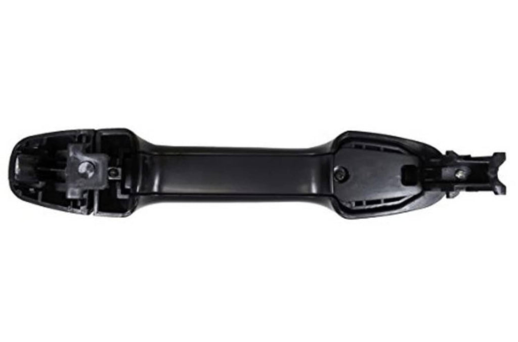 Smooth black exterior door handle with internal mounting parts, underside view